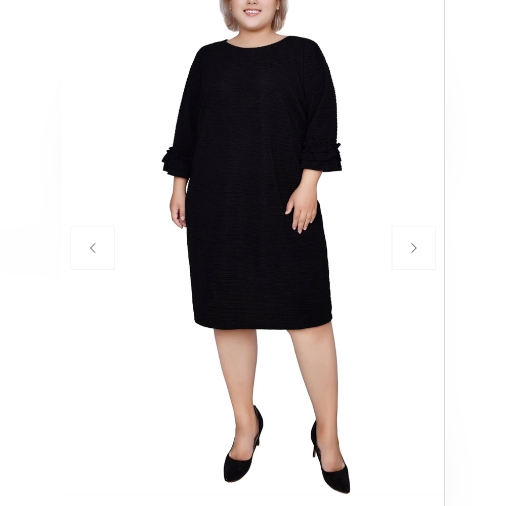 NWT NY Collection Black 3/4 Ruffle Sleeve Textured Knit Dress Size 2X